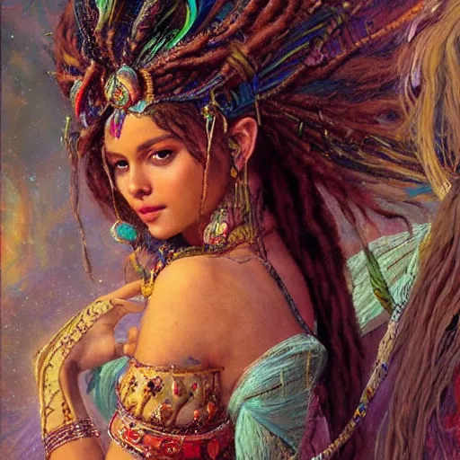 Image similar to artstation, intricate detail, hyper detail, portrait by gaston bussiere, tan skin lady of elche, egyptian sumerian features, techno mystic goddess princess intergalactica inanna with aqua neon rapunzel dreadlocks,