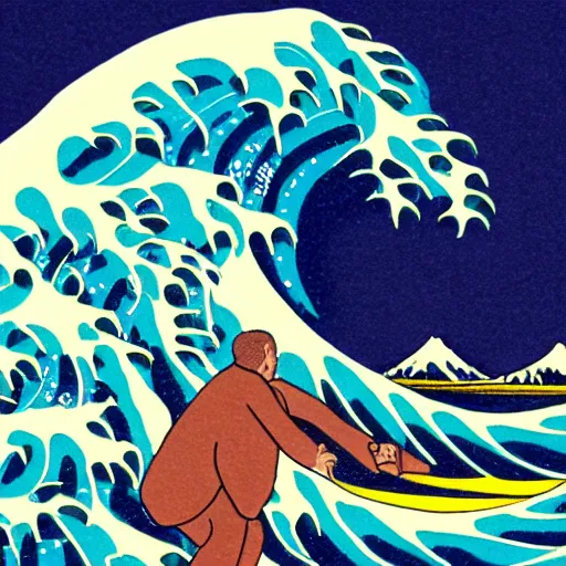 Image similar to detailed illustration, a elderly man surfing in the style of the great wave off kanagawa,