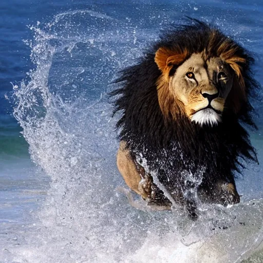 Image similar to a lion's face breaching through a wave