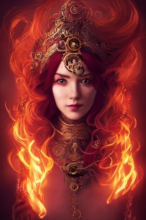 Image similar to a beautiful image of a young woman, steampunk Chandra queen of fire, big google over head, long flowing hair of fire, steampunk costume mostly red and gold young female face, cinematic top lighting, insanely detailed and intricate, face by wlop, Charlie Bowater, golden ratio, symmetric, elegant, ornate, luxury, elite, matte painting, cinematic, trending on artstation, dewviantarta and cgsociety, 8k, high resolution