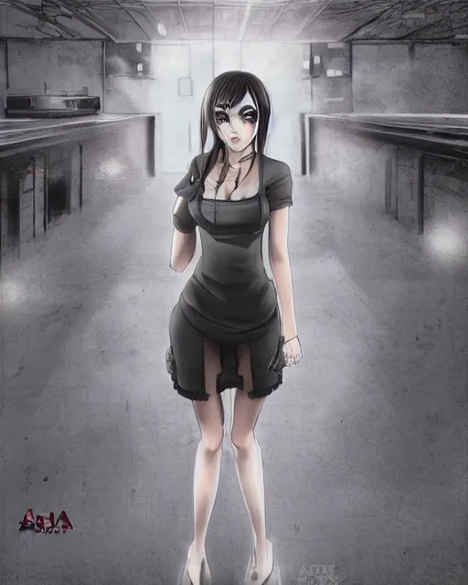 Prompt: Digital state-sponsored anime art of Sasha Grey by A-1 studios, serious expression, empty warehouse background, highly detailed, spotlight