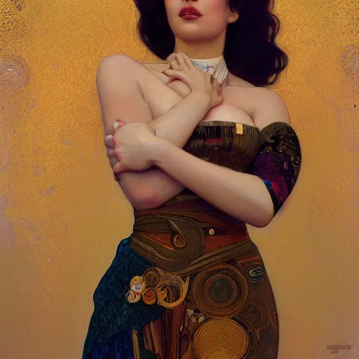 Image similar to modern woman | hyperrealistic | action pose | digital painting | trending on artstation | pinup portrait | clean | illustration | dressed | Unreal Engine 5 | 8k resolution | by Greg Rutkowski Alphonse Mucha Gustav Klimt and Mel Ramos