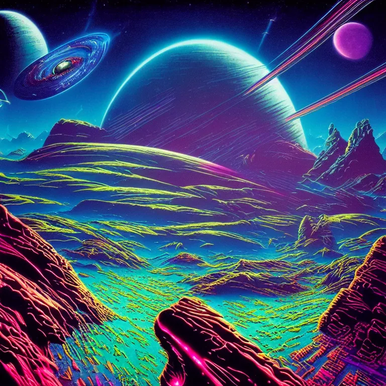 Image similar to mysterious edge of interstellar space, synthwave, bright neon colors, highly detailed, cinematic, tim white, philippe druillet, roger dean, ernst haeckel, lisa frank, vladimir kush, michael whelan, kubrick, kimura, isono