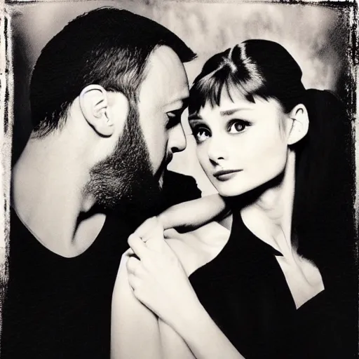 Prompt: Romeo (Jean Reno) and Juliet (Audrey Hepburn), are looking at each other romantically. dramatic, high contrast, romantic, theatrical, lumnious, cinematic lights, tintype photo, oil canvas by Frank Dicksee