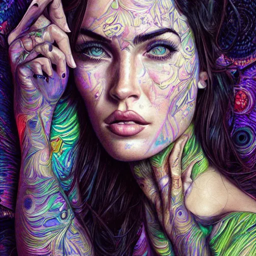 Image similar to portrait of megan fox, hyper detailed masterpiece, neon floral pattern, jean giraud, digital art painting, darkwave goth aesthetic, psychedelic, artgerm, donato giancola and tom bagshaw