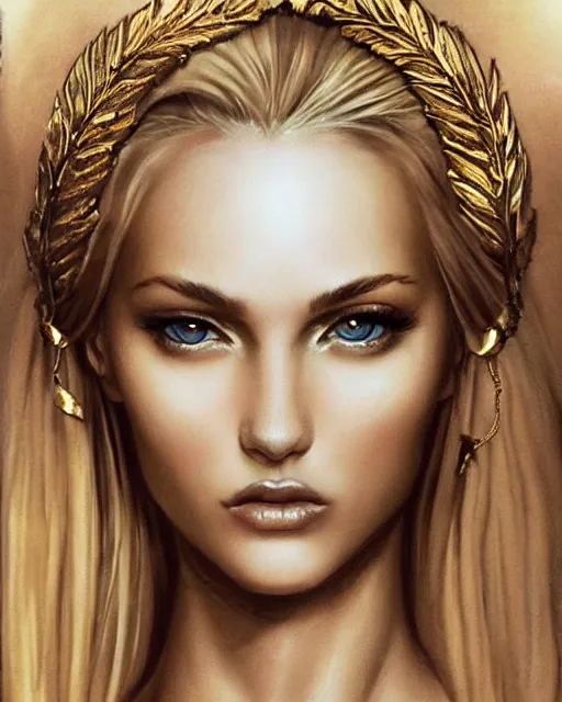 Image similar to tattoo sketch of hot blonde super model as aphrodite greek goddess wearing a gold laurel wreath and triangle earrings, beautiful piercing gaze with sharp pupils, in the style of greg rutkowski, fantasy, amazing detail, epic, elegant, smooth, sharp focus, front view