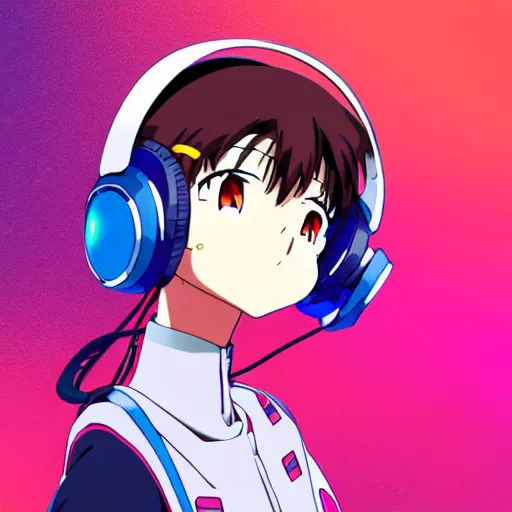 Prompt: An anime character's head wearing retro headphones. 90s anime, Sailor Moon, Neon Genesis, official art, flat cell shading, fantastic screenshot art, trending on artstation