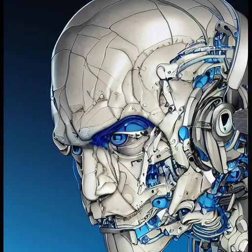 Image similar to Male cyborg, battle-damaged, scarred, handsome face, bored expression, blue eyes, sterile background, head in profile, sci-fi, bio-mechanical, wires, cables, gadgets, Digital art, detailed, anime, artist Katsuhiro Otomo