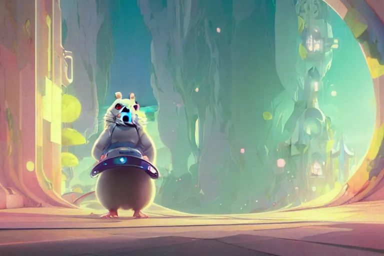 Image similar to a dreamy otherworldly 3 d render of anthropomorphic cyborg rodent on pathway to castle, studio ghibli, pixar and disney exploded - view drawing, sharp, disney octane render splatter paint vray by shinji kimura and alphonse mucha and alena aenami, maximalist pastel color palette, ( ( bloom ) ), dramatic lighting