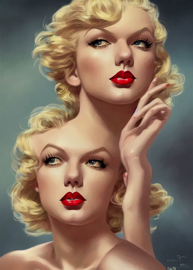 Image similar to portrait of taylor swift as a young marilyn monroe, elegant, flat lighting, intricate, highly detailed, digital painting, artstation, concept art, smooth, sharp focus, illustration, closeup, misa amane, art by simon bisley and greg rutkowski and alphonse mucha, novel cover
