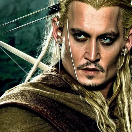 Image similar to stunning awe inspiring johnny depp as legolas in the lord of the rings, movie still 8 k hdr atmospheric lighting