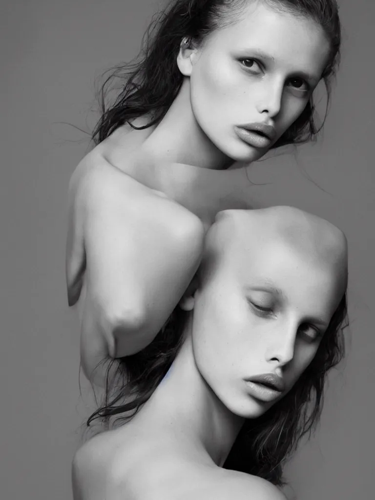 Image similar to medium format fine art portrait mid shot minimal fashion model marine vacth by reza nia, nick knight, amy judd, jil sander romantic heavenly elite style, beautiful perfect koinophilia face, perfect anatomical human form, posed, blush beauty makeup, studio, golden ratio, studio lighting, studio, flat neutral tone, sharp focus, fine detail, stunning matte painting