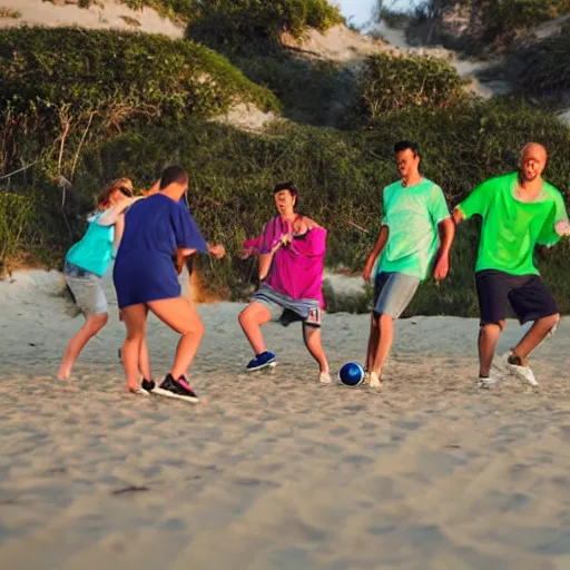 Prompt: adults playing soccer in the beach