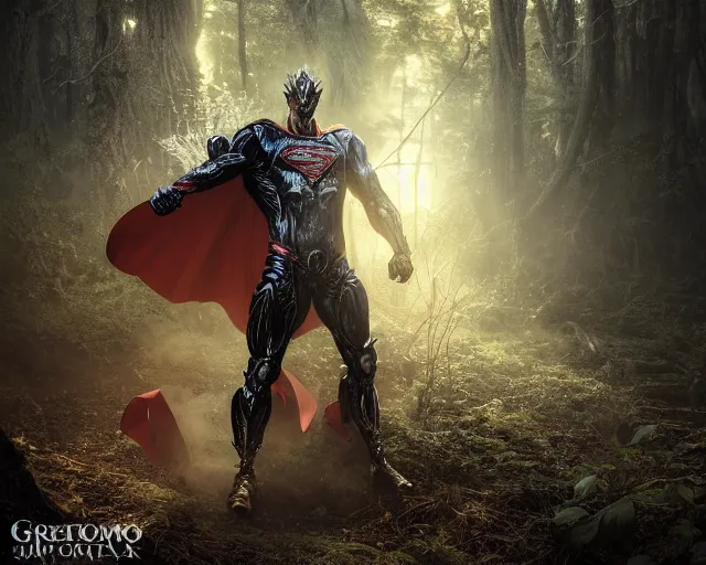 Image similar to 5 5 mm portrait photo of an armored demonic superman in a magical forest. magical atmosphere. art by greg rutkowski and luis royo. highly detailed 8 k. intricate. lifelike. soft light. nikon d 8 5 0.