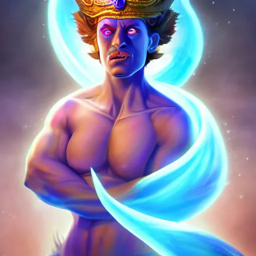 Image similar to all powerful genie, a god, god, ecstatic, infinite power, manic, perfect eyes, full body shot, magical being, magic, portrait, noble, transformation, vivid colors, elegant, concept art, sharp focus, digital art, Hyper-realistic, 4K, Unreal Engine, Highly Detailed, HD, Dramatic Lighting by Brom, trending on Artstation