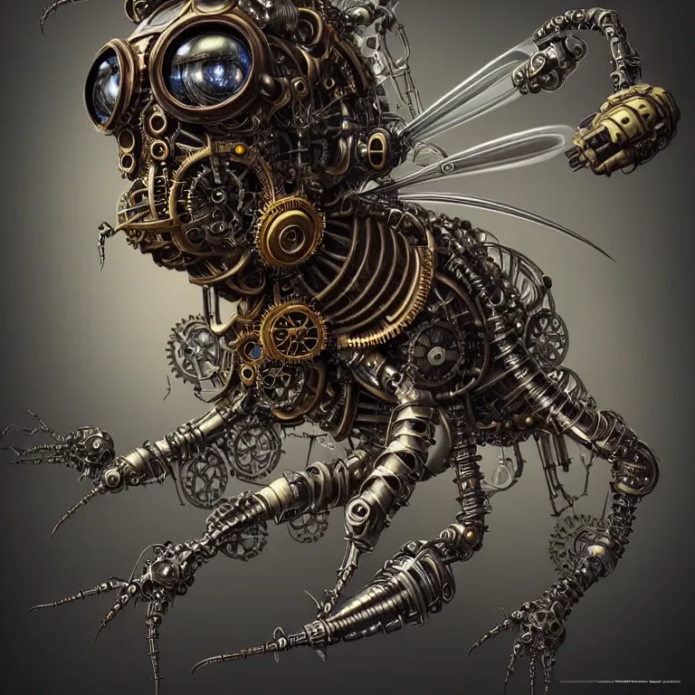 Image similar to steampunk cybernetic biomechanical bee, very coherent symmetrical artwork, 3 d model, unreal engine realistic render, 8 k, micro detail, intricate, elegant, highly detailed, centered, digital painting, artstation, smooth, sharp focus, illustration, artgerm, tomasz alen kopera, wlop