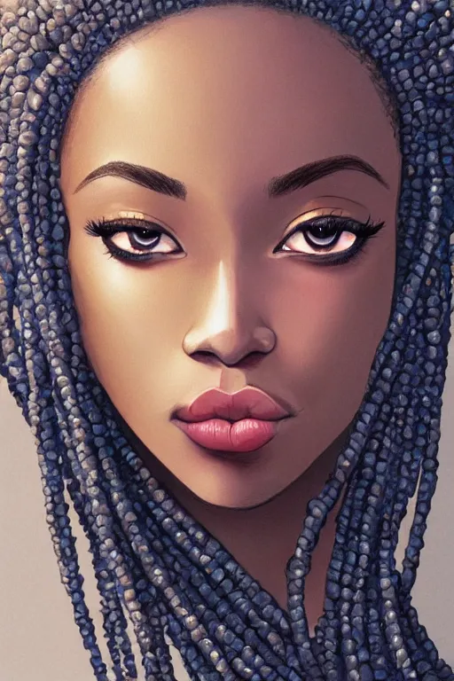 Prompt: A bust of a beautiful black skinned girl with large lips and smooth eyebrows and straight hair, HD, illustration, epic, fantasy, intricate, elegant, amazing detail, digital painting, artstation, concept art, smooth, sharp focus, illustration, art by Turine Tran