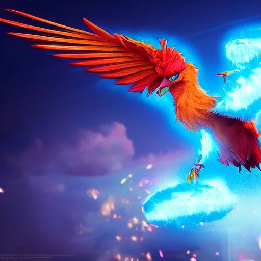 Prompt: a phoenix bird in flight, portrait, electric lightning, blue fire, furry, soft, concept art, sharp focus, intricate details, highly detailed, photorealistic, disney pixar, octane render, iridescent, anime, 8 k