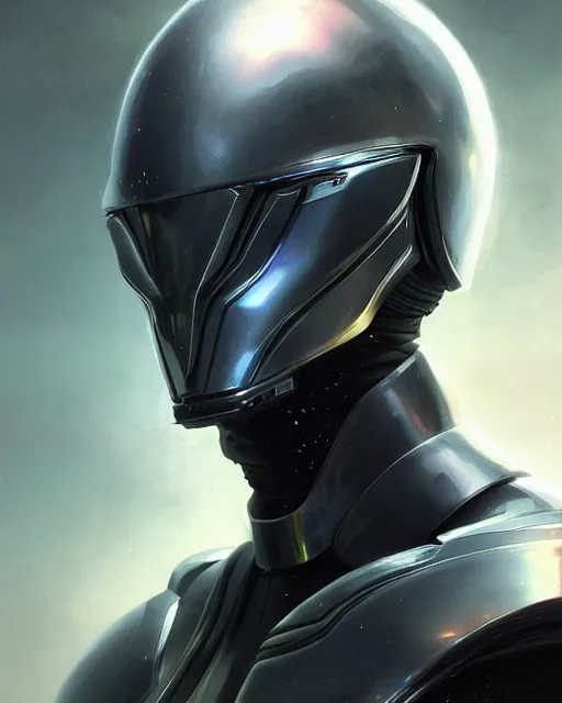 Image similar to iridescent sinewy smooth muscular male sleek glossy black pearlescent scifi armor with smooth black featureless helmet, by greg rutkowski, mark brookes, jim burns, tom bagshaw, magali villeneuve, trending on artstation