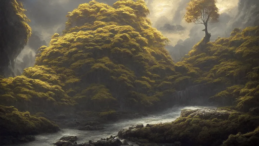 Image similar to A beautiful, highly detailed, very realistic oil painting of a single cloud tree with lots of cloud shaped leaves, next to a small river made of pure gold in the middle of a huge, very dark cave, with lots of dark grey rocks, oil painting by Greg Rutkowski.