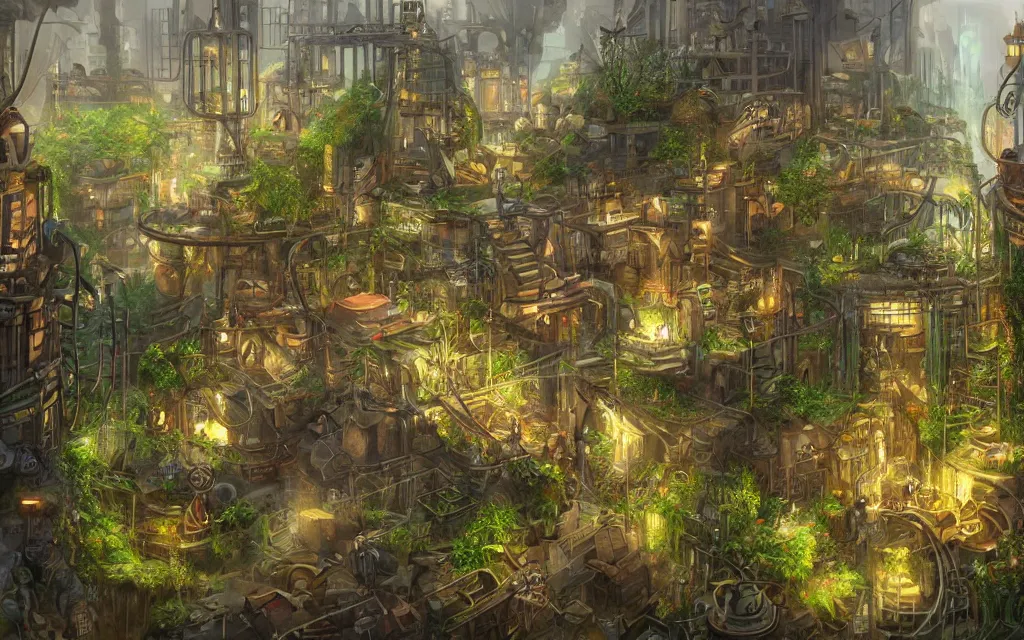 Image similar to trending on artstation 2d concept art illustration of an underground industrial steampunk city with a green thriving oasis in the middle