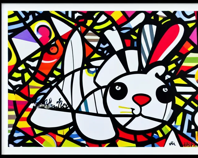 Image similar to a small black and white rabbit, fine art by romero britto