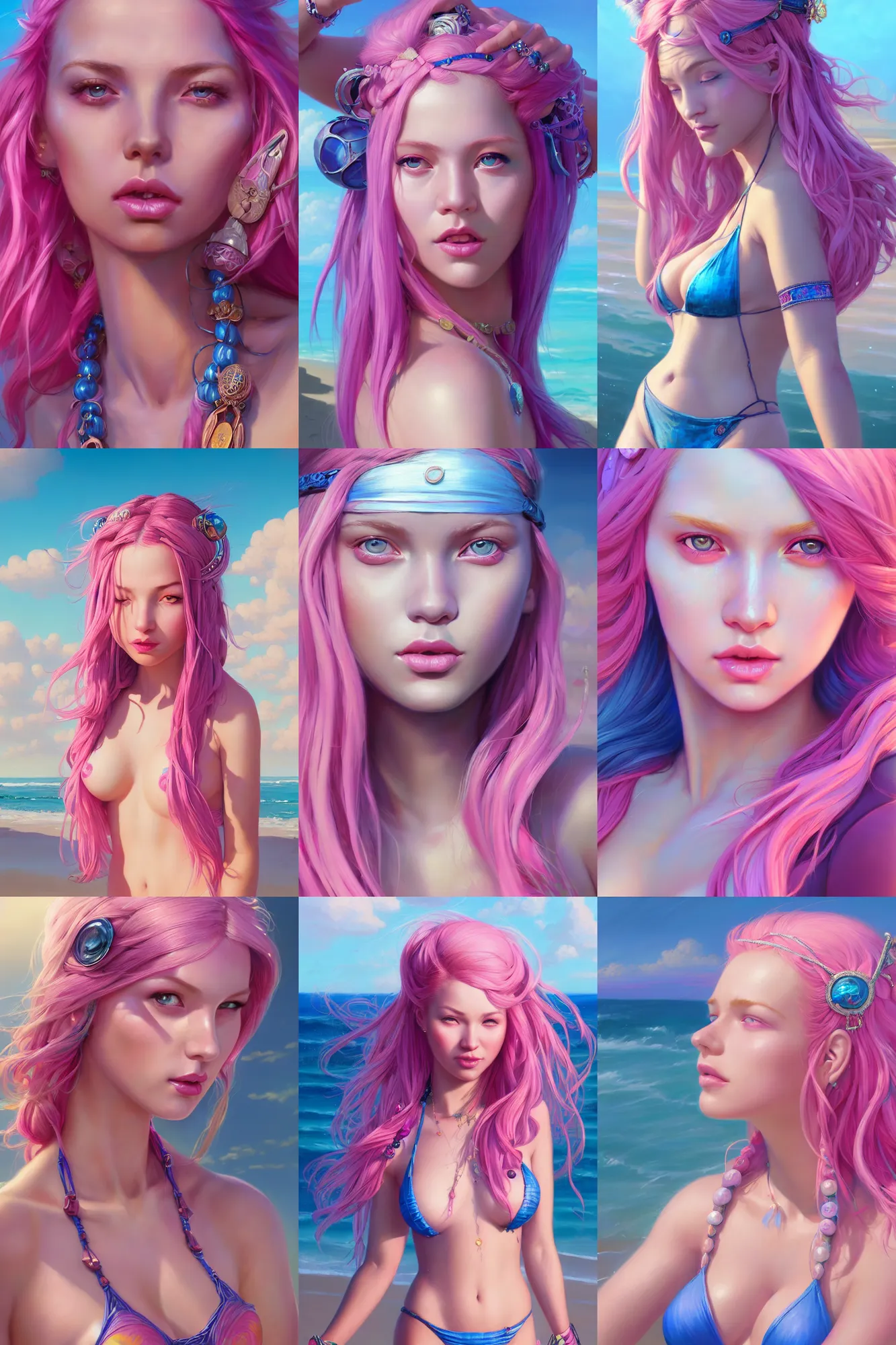 Prompt: masterpiece portrait of a beautiful girl with pink hair with boho accessories, in bluereflective bikini at beach, symmetry face, top lighting, league of legend sona, art by charlie bowater, james jean, gil elvgren, ilya kuvshinov, cryengine, 8 k realistic hyper detailed, digital painting, artstation, concept art, ray tracing, realistic shaded