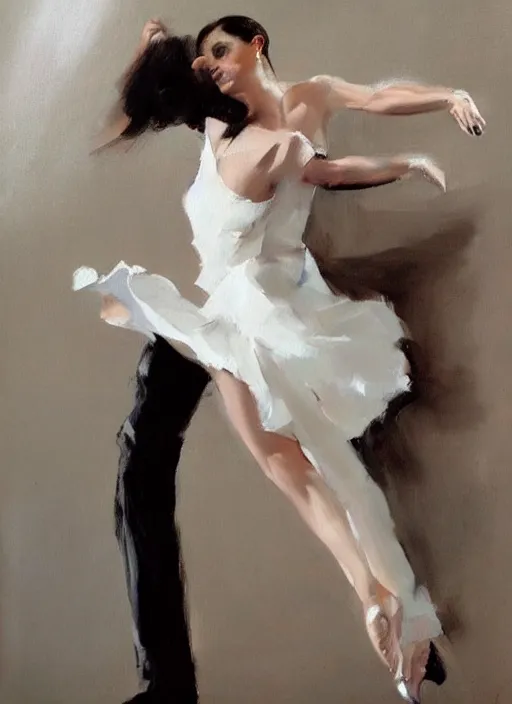 Image similar to sensual tango dancer girl in white dress, painting by phil hale, fransico goya,'action lines '!!!, graphic style, visible brushstrokes, motion blur, blurry, visible paint texture, crisp hd image