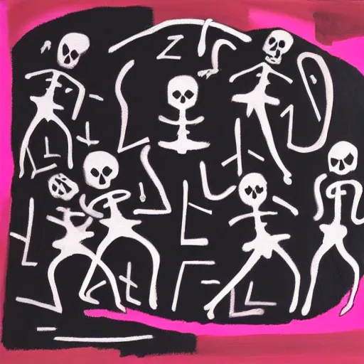 Image similar to an acryllic painting of skeleton dancing in the night under the stars, various strange guests, on a dark background, muted palette mostly white, black, gray, dark red, dark blue, some pink, minimalistic, in the styles of joan miro, banksy, and mark rothko