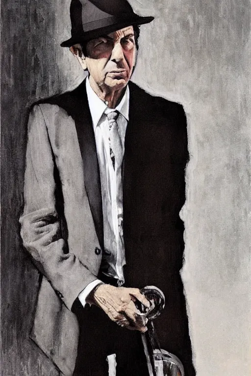 Image similar to “portrait of Leonard Cohen, impeccably dressed, wearing trilby hat, by Robert McGinnis”