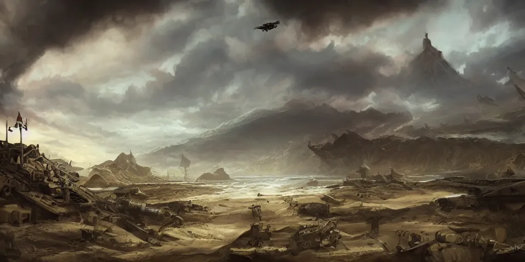Prompt: WW2 omaha beach, dark fantasy, matte painting, detailed, 4k, style of peter mohrbacher