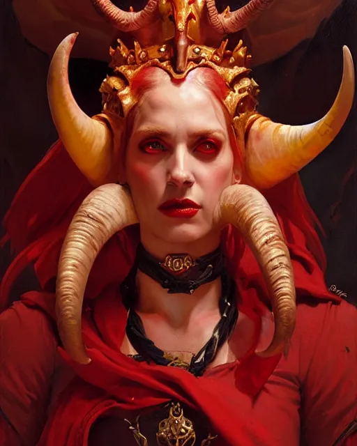 Image similar to painted close - up portrait of an attractive red - skinned intimidating demon queen with ram horns. oil painting, wearing a noblewoman's outfit, fantasy art by greg rutkowski and john singer sargent and gaston bussiere, demon noble character design