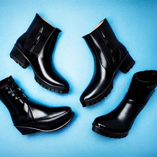 Prompt: Gothic boots, studio shot isolated on blue background. 8k