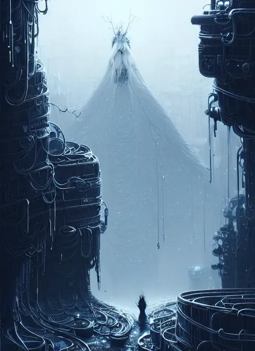 Image similar to highly detailed portrait of a frostpunk long curly white hair tribal lady, stray wiring by atey ghailan, james gilleard, by joe fenton, by greg rutkowski, by greg tocchini, by kaethe butcher, 4 k resolution, gradient blue, black and white color scheme!!! ( ( glaciated robotic dystopian city background ) )