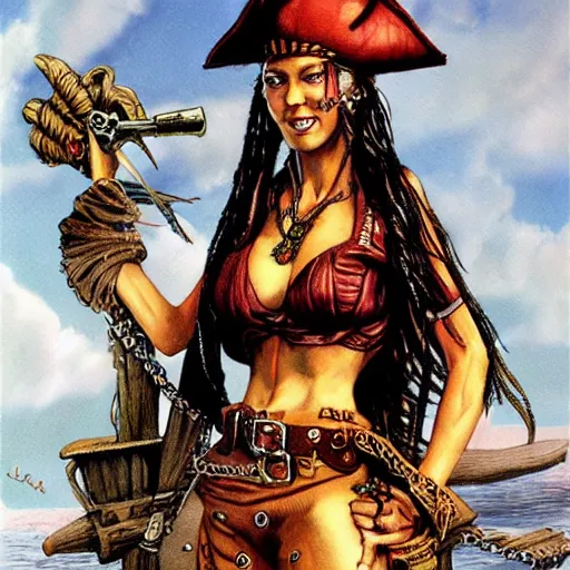 Prompt: full body concept art of a female pirate by Patrick Woodroffe