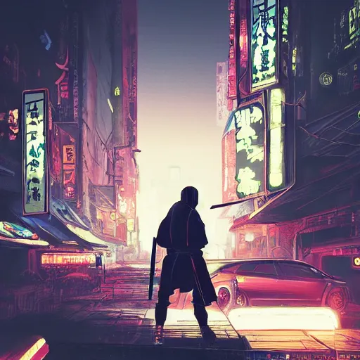 Prompt: illustration of a worn out samurai that got time travelled to a futuristic colonized Martian city while protecting his daughter from enemies, rainy day, neon glow concept art, sharp focus, cyberpunk 2077, steam punk, scifi, octane render, art by Ilya Kuvshinov, wallpaper, highly detailed, anime key visual, warm colors, epic landscape, HD digital art, artstation