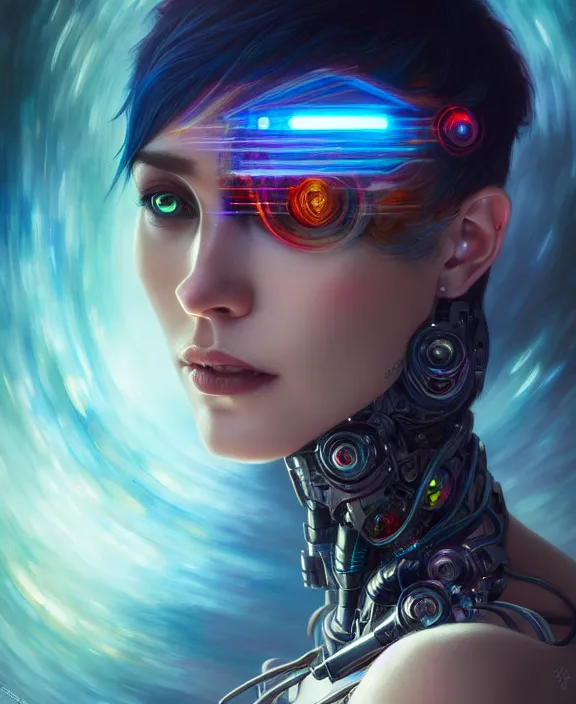 Prompt: a whirlwind of souls rushing inside the metaverse, half body, jewelry, fashionable short haircut, android, cyborg, cyberpunk face, by loish, d & d, fantasy, intricate, elegant, highly detailed, colorful, vivid color, digital painting, artstation, concept art, art by artgerm and greg rutkowski and alphonse mucha