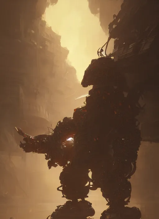 Image similar to a photorealistic dramatic hyperrealistic render of an armored fire golem by wlop, greg rutkowski, alphonse mucha, beautiful dynamic dramatic dark moody lighting, shadows, cinematic atmosphere, artstation, concept design art, octane render, 8 k