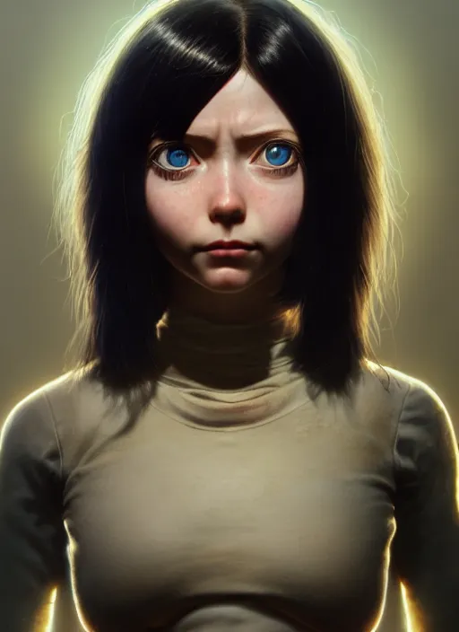 Image similar to emily willis as alita, naturel, hyper detailed, digital art, trending in artstation, cinematic lighting, studio quality, smooth render, unreal engine 5 rendered, octane rendered, art style by klimt and nixeu and ian sprigger and wlop and krenz cushart