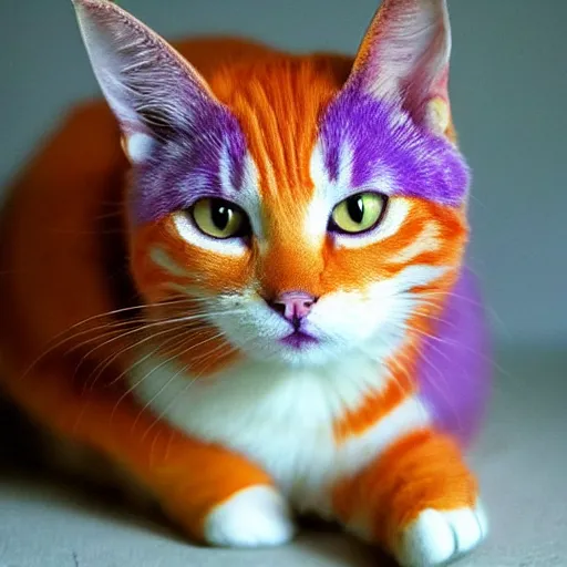 Image similar to orange cat, colored purple like the cheshire cat, photo