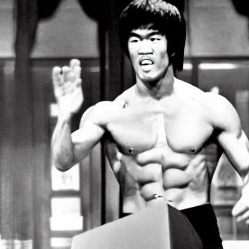 Prompt: bruce lee is president of the united states, wearing a suit, giving a speech, podium, bruce lee, state of the union, congress watching