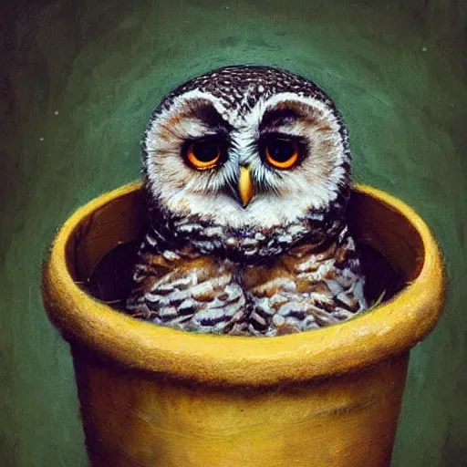 Prompt: long shot of a very cute owl chick nesting in a cup, esao andrews, by m. w. kaluta, soulful illustration, hyperrealistic, big depth of field, warm colors, night scenery, low light, 3 d octane render, 4 k, volumetric lights, intricate, smooth, cosy atmosphere, conceptart, hyperdetailed, hyperrealistic, trending on artstation