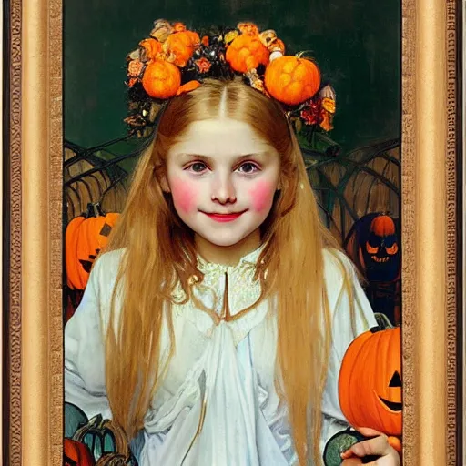 Image similar to a happy little girl with long straight golden blonde hair sitting amidst halloween decor, skulls and pumpkins. beautiful highly detailed face, beautiful painting by alphonse mucha and norman rockwell