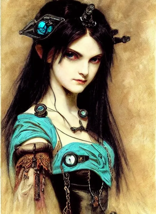 Image similar to ( ( gothic # ) ) princess portrait *. *. by william henry hunt * *, highly detailded, turquoise rust, steampunk, battle angel alita