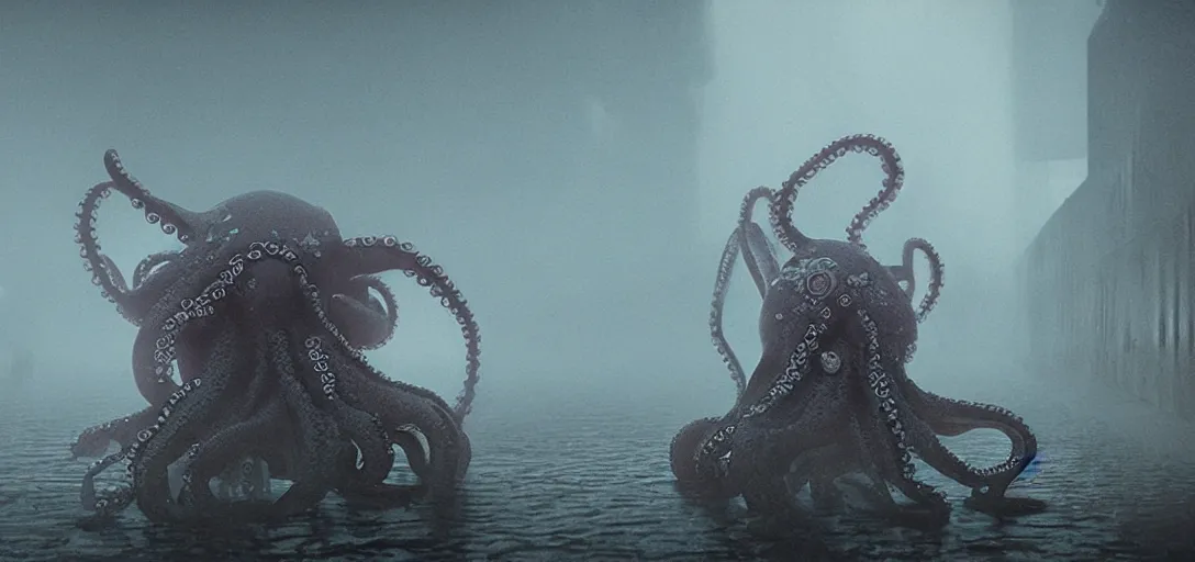 Image similar to a robotic octopus climbing out of a storm drain, foggy, cinematic shot, photo still from movie by denis villeneuve, wayne barlowe