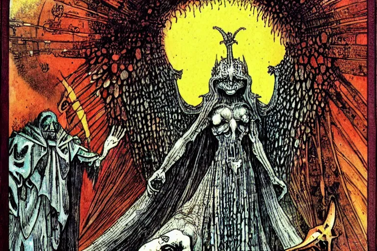 Image similar to fallen angel begs to enter the gates of hell by philippe druillet and moebius and hieronymus bosch