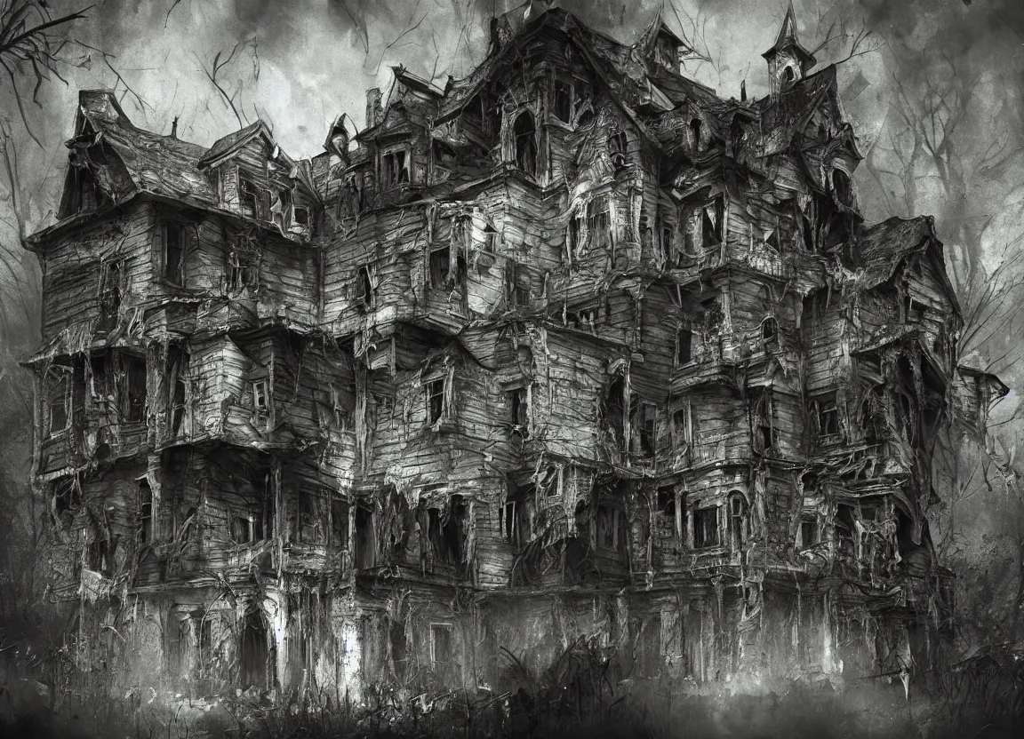 Prompt: realistic photograph of the inside of a creepy haunted house, horror scene, artstation