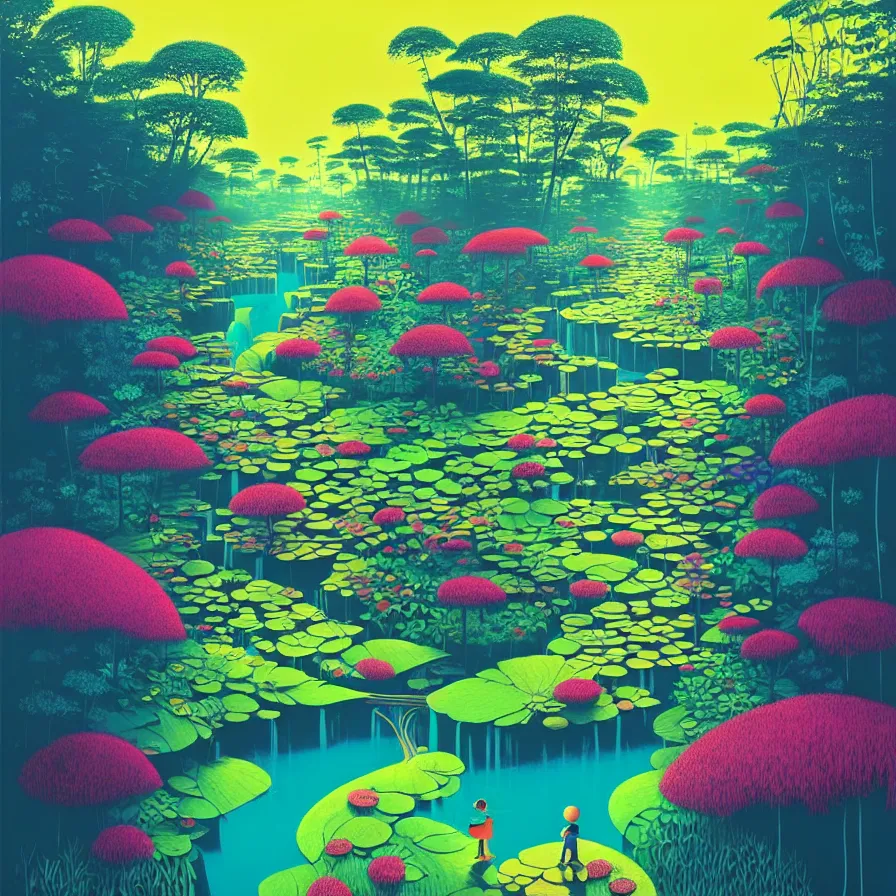 Image similar to ( ( ( gediminas pranckevicius ) ) ) flower garden, river flow through borneo jungle, summer morning, very coherent and colorful high contrast art by james gilleard floralpunk screen printing woodblock, dark shadows, pastel color, hard lighting