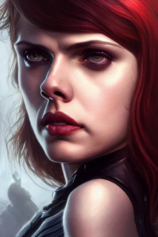 Image similar to alexandra daddario as black widow, realistic portrait, symmetrical, highly detailed, digital painting, artstation, concept art, smooth, sharp focus, illustration, cinematic lighting, art by artgerm and greg rutkowski and alphonse mucha