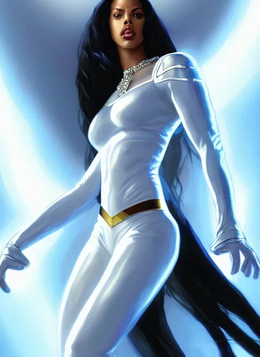 Image similar to full body portrait of marvel cinematic universe aaliyah haughton, x - men, emma frost, elegant, diamonds!! super hero, white outfit, diamond skin, highly detailed!! digital painting, artstation, glamor pose, concept art, sharp focus, illustration, art by artgerm and greg rutkowski, artey freytag